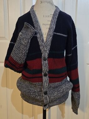 Striped Knit Button-Front Cardigan in Navy, Red & Forest Green